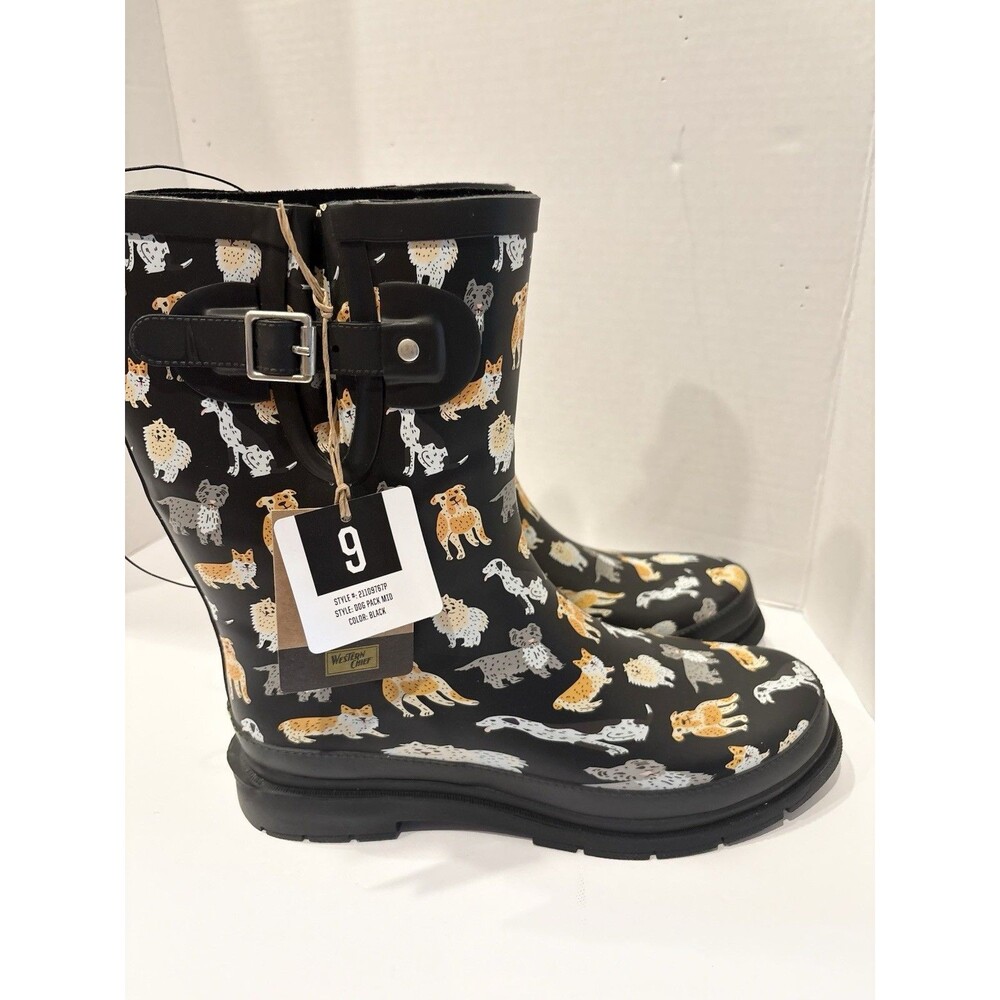 Western Chief Dog Print Mid Rain Boots Women’s US 9 Black Rubber Waterproof#R124
